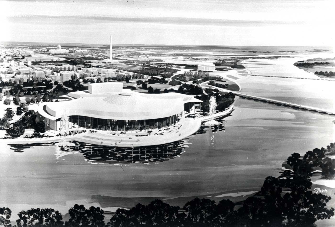 Preliminary proposal for the National Cultural Center (later Kennedy Center), Edward Durell Stone, 1959. Stone’s curvilinear original design contrasts sharply with the boxy design that was executed. Edward Durell Stone Collection (MC 340), Box 104. Special Collections, University of Arkansas Libraries, Fayetteville.