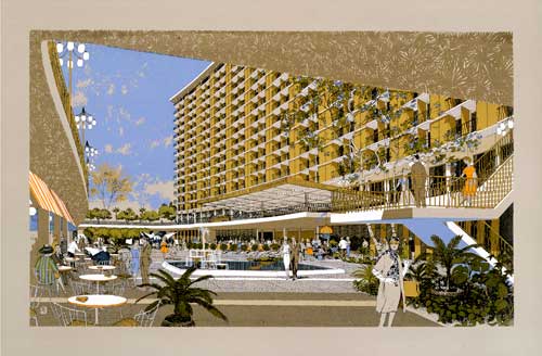 Century Plaza Hotel, 1962. Minoru Yamasaki. Screenprint, courtesy of the Diniz family archive and Edward Cella Art and Architecture.