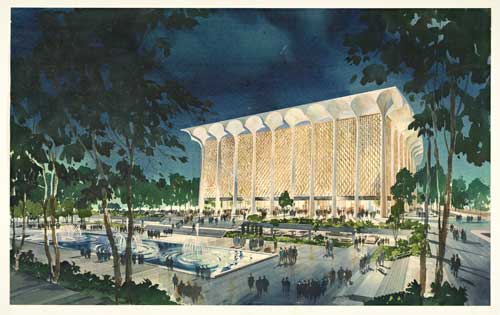 Dorothy Chandler Pavilion, ca. 1960. Welton Becket Associates. Watercolor on lightweight board laminate. The Getty Research Institute, copyright J. Paul Getty Trust.