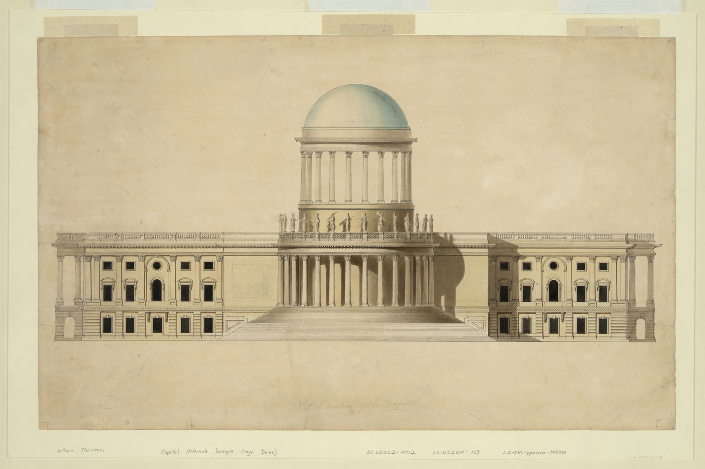 Proposed design for the US Capitol with high dome by William Thornton, c. 1797. Library of Congress, Prints and Photographs Division, LC-DIG-ppmsca-19858.