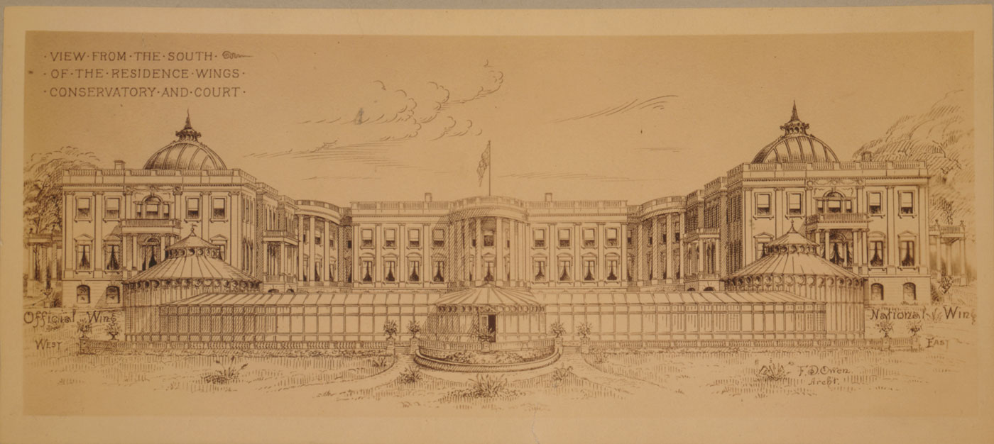 Proposed Extensions to the White House (Executive Mansion) by Robert Owen, 1891-1901. This was one of several proposals in the late 19th century for expanding or relocating the Executive Mansion to provide more space for a growing government. Owen proposed creating two approximate replicas of the original building, rotated 90 degrees in plan and placed to either side, forming an open court with a greenhouse at the south end. Library of Congress, Prints & Photographs Division, LC-USZC4-7736.