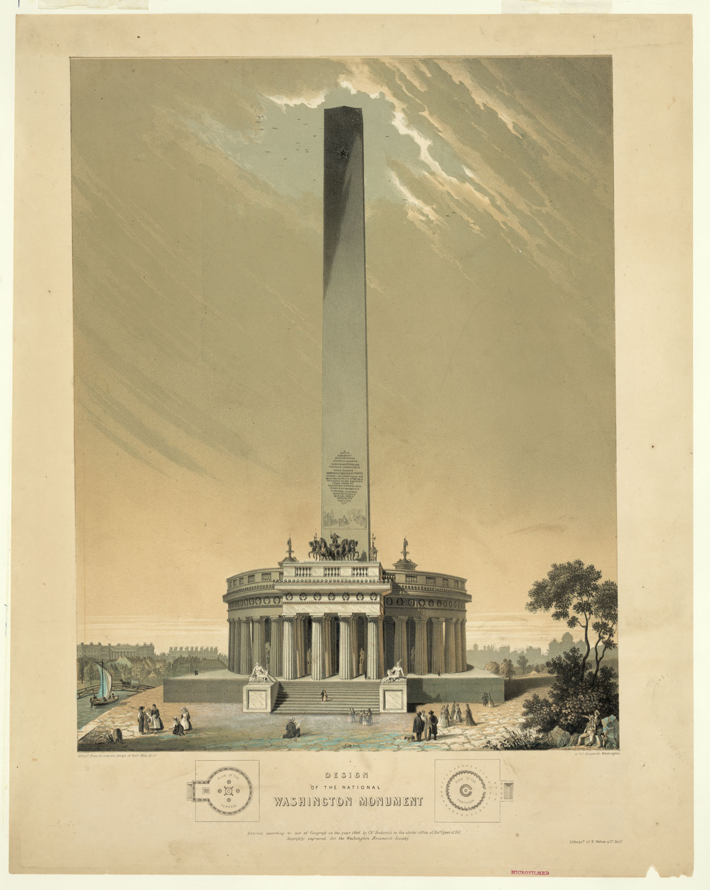 Winning Competition Entry for the Washington Monument by Robert Mills, 1846. Mills’s original proposal called for an obelisk anchored by a circular, Greek-inspired temple at the base. The base was never executed, and the proportions of the obelisk itself were changed when the structure was finally completed nearly four decades after this drawing was produced. Library of Congress, Prints & Photographs Division, LC-DIG-pga-03714.