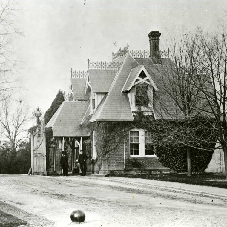 Gatehouse. Photograph, 1874. The gatehouse to the West Campus provided security for the hospital through a formal entrance procedure for visitors. Over time, some patients had visiting privileges to leave the campus, and neighborhood residents could attend entertainment functions. Courtesy National Archives and Records Administration. 