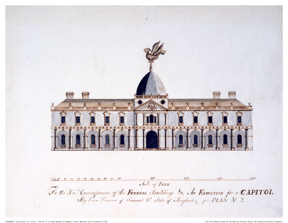 Main elevation of Capitol competition entry by James Diamond, 1792. Many entries to the design competition for the “Congress House” were by amateurs, including this one notable for its crudely drawn weathercock. Courtesy of the Maryland Historical Society, 1976.88.51