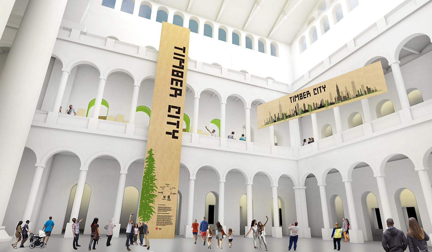 Architect’s rendering of two American manufactured, massive CLT panels set to be installed in the National Building Museum’s Great Hall during Timber City, demonstrating recent innovations in timber technology.