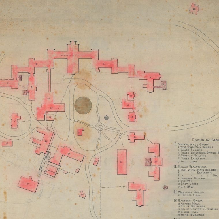 This 1895 site map shows the Center Building and other supporting structures of St. Elizabeths Hospital—then known as the Government Hospital for the Insane. Courtesy Library of Congress. 