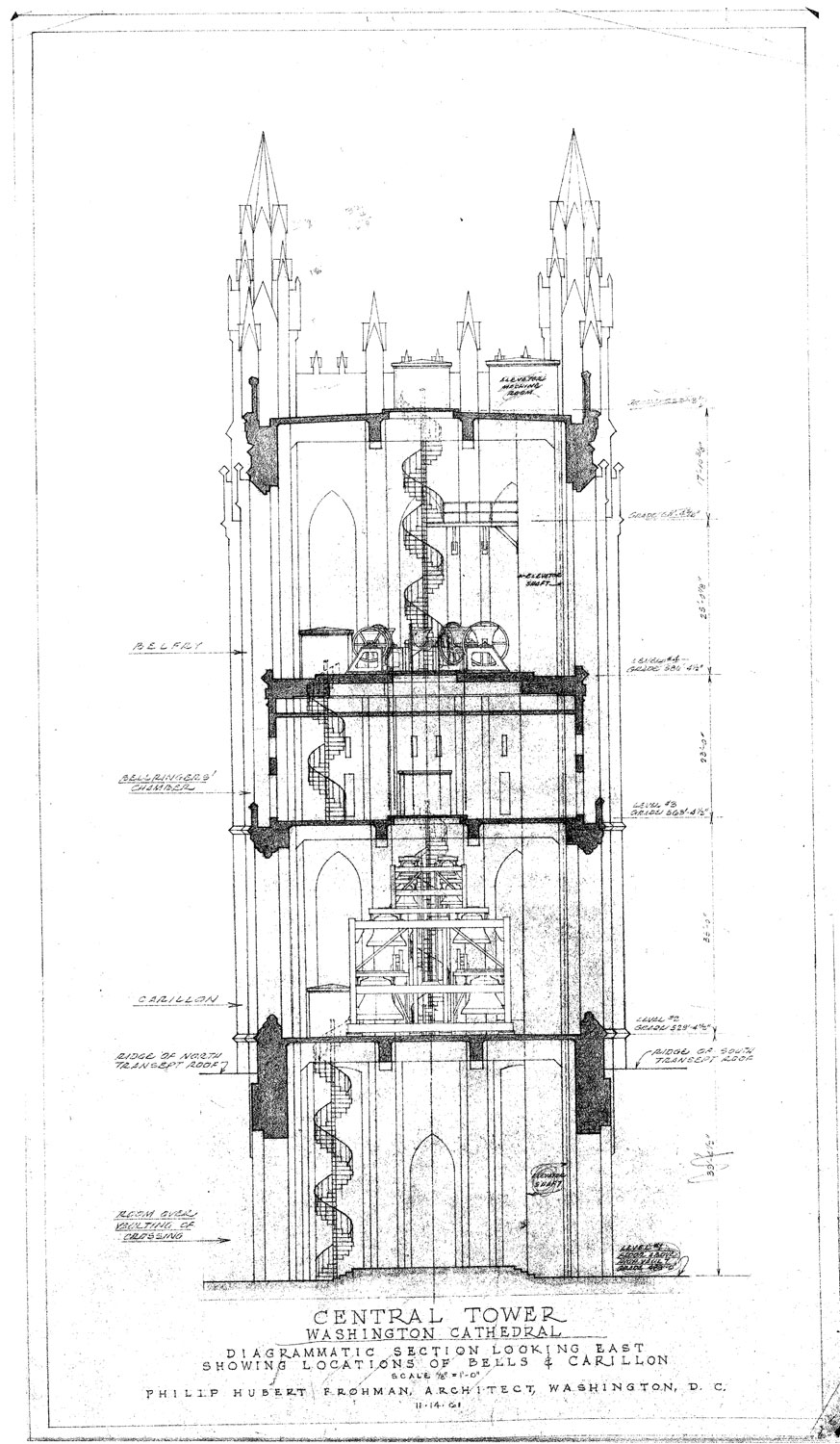 Central Tower, Washington Cathedral, Diagrammatic Section Looking East, Showing Location of Bells and Carillon, 1961. Courtesy of Washington National Cathedral Construction Archives Collection, National Building Museum Collection.