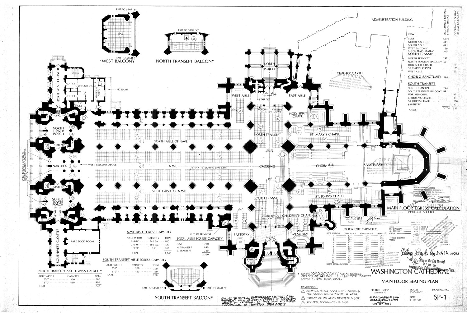 Washington Cathedral, Main Floor Seating Plan, 1993. Courtesy of Washington National Cathedral Construction Archives Collection, National Building Museum Collection.