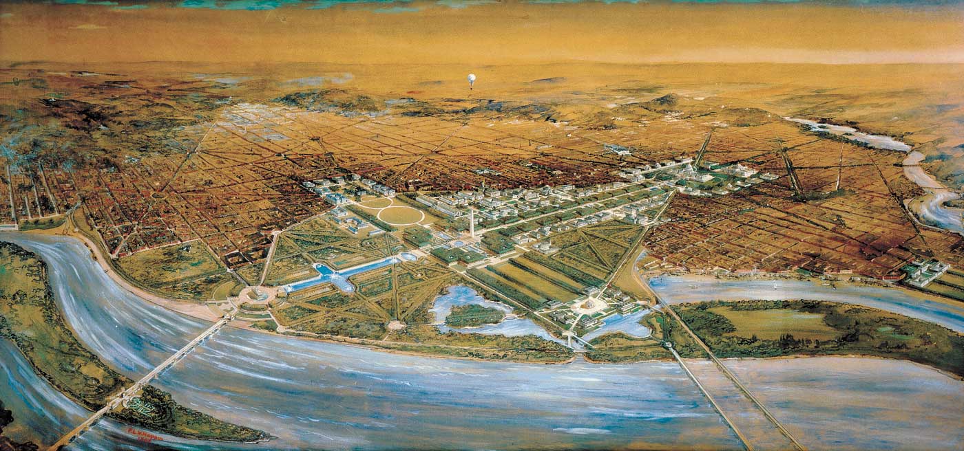Bird’s eye view of the Senate Park Commission central plan of 1901–1902, from a point 4,000 feet above Arlington, rendering by F. L. V. Hoppin. Courtesy U.S. Commission of Fine Arts.