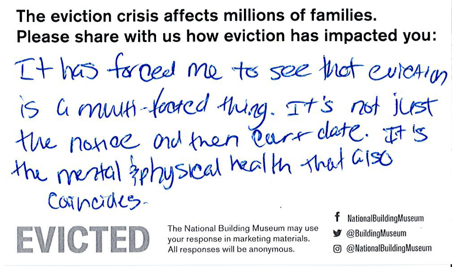 It has forced me to see that eviction is a multi-faceted thing. It’s not just the notice and the court case. It’s the mental & physical health that also coincides.