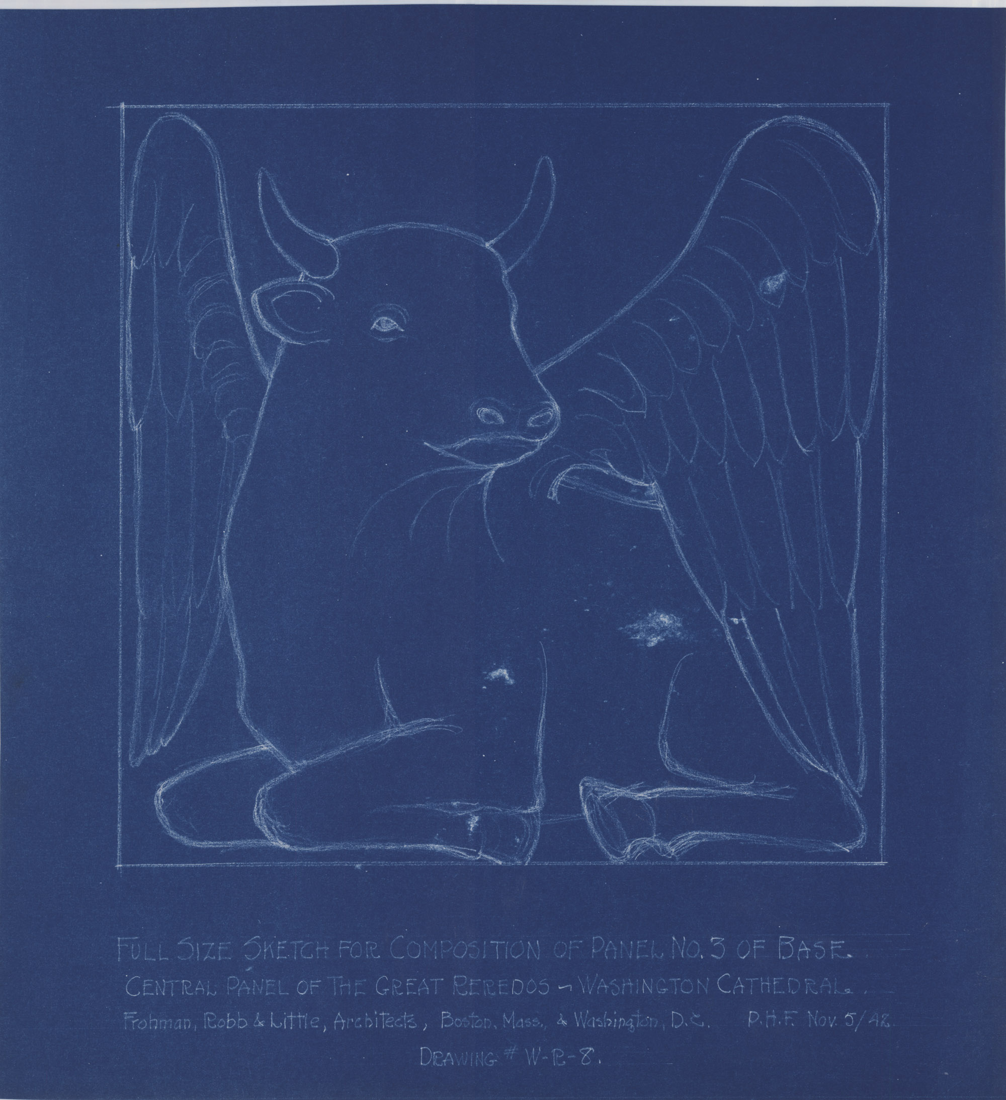 Blueprint sketch of winged bull, by Frohman, Robb & Little Architects. Courtesy Washington National Cathedral Construction Archives Collection.