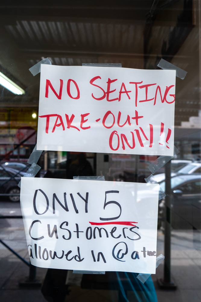 March 20, 2020: Signs posted at Ali’s Trinidad Roti Shop, 1267 Fulton Street, Brooklyn, NY. © Camilo José Vergara