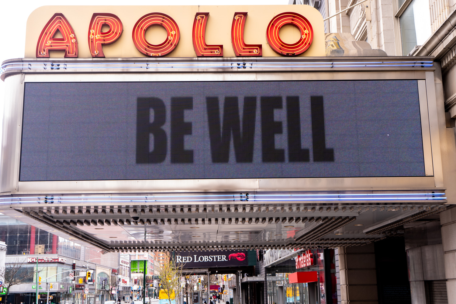 April 4, 2020: Apollo Theater marquee, 253 West 125th Street, Harlem, New York, New York. © Camilo José Vergara