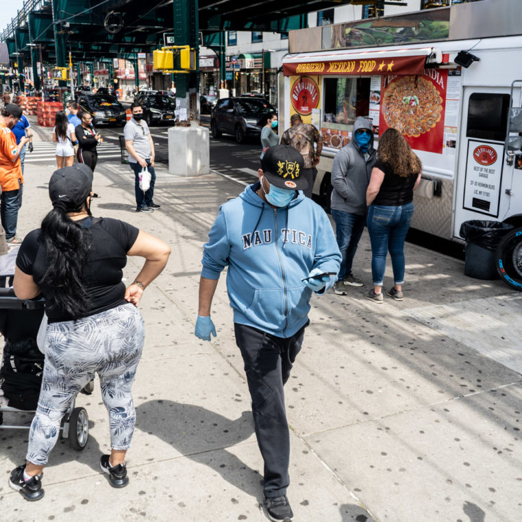 May 17, 2020: Waiting to order tacos from the famous Birria-Landia food truck at 78th Street and Roosevelt Avenue, Queens, New York. © Camilo José Vergara 