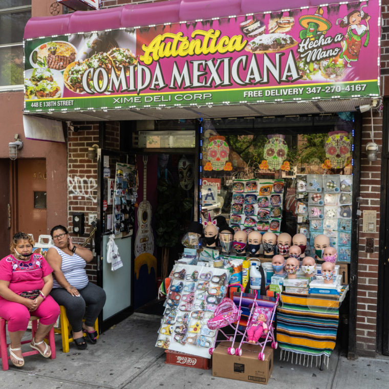 May 27, 2020: A Mexican restaurant that is now selling PPE at 448 East 138th Street, Bronx, New York. © Camilo José Vergara 