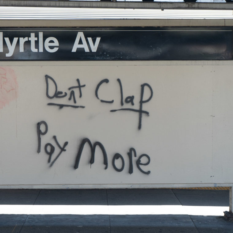 April 22, 2020: Graffiti advocating hazard pay for low-wage essential workers at the Myrtle Avenue Subway Station, Brooklyn, New York. © Camilo José Vergara 