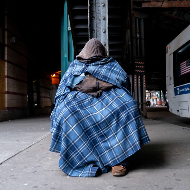 April 29, 2020: Joe, bundled up under the Woodside Subway Station at 61st Street in Queens, New York. © Camilo José Vergara 