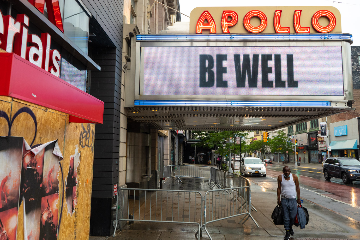 June 3, 2020: A boarded up Blick Art Materials store next to the Apollo Theater, 253 West 125th Street, Harlem, New York, New York. © Camilo José Vergara