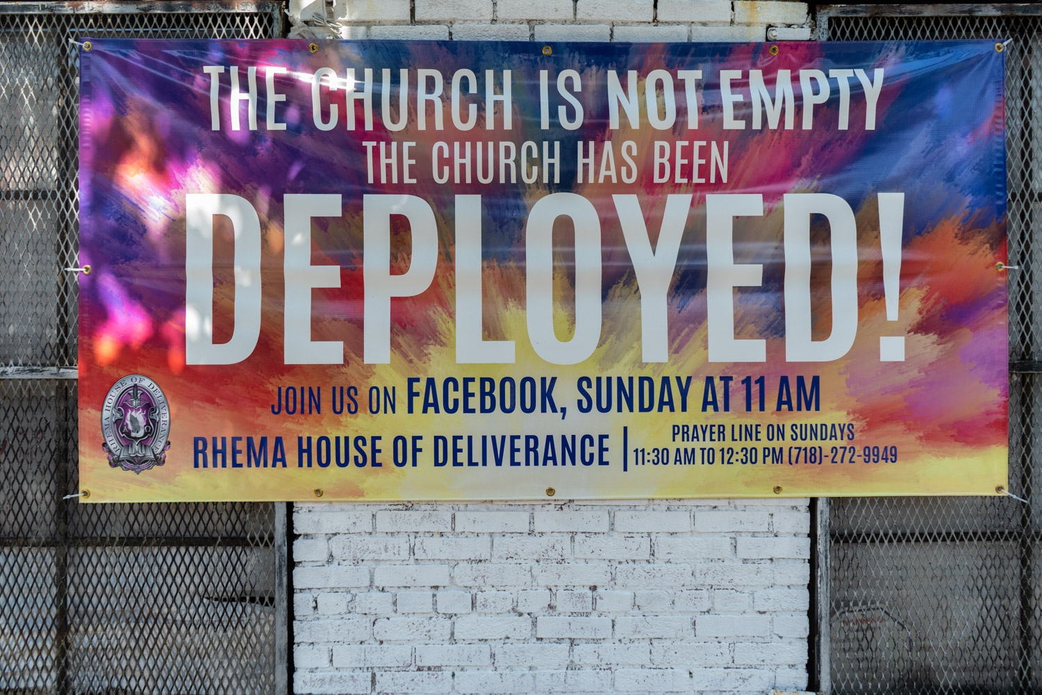 May 26, 2020: With churches closed, this sign is announcing that members of the Rhema House of Deliverance will be bringing its message directly to the surrounding community, 729 Cleveland Street, Brooklyn, New York. © Camilo José Vergara