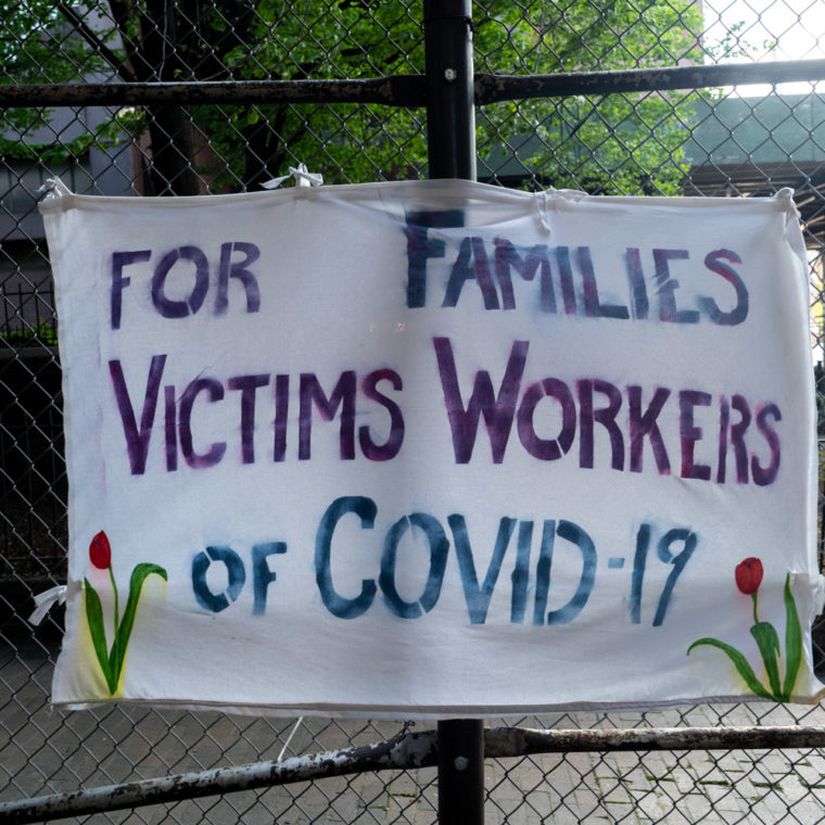 May 7, 2020: Sign at Woodhull Medical Center, Broadway at Flushing Avenue, Brooklyn, New York. © Camilo José Vergara 