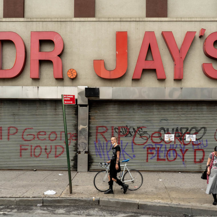 June 5, 2020: Graffiti memorializing George Floyd on closed shutters. Dr. Jay’s, 410 Westchester Avenue, Bronx, New York. © Camilo José Vergara 
