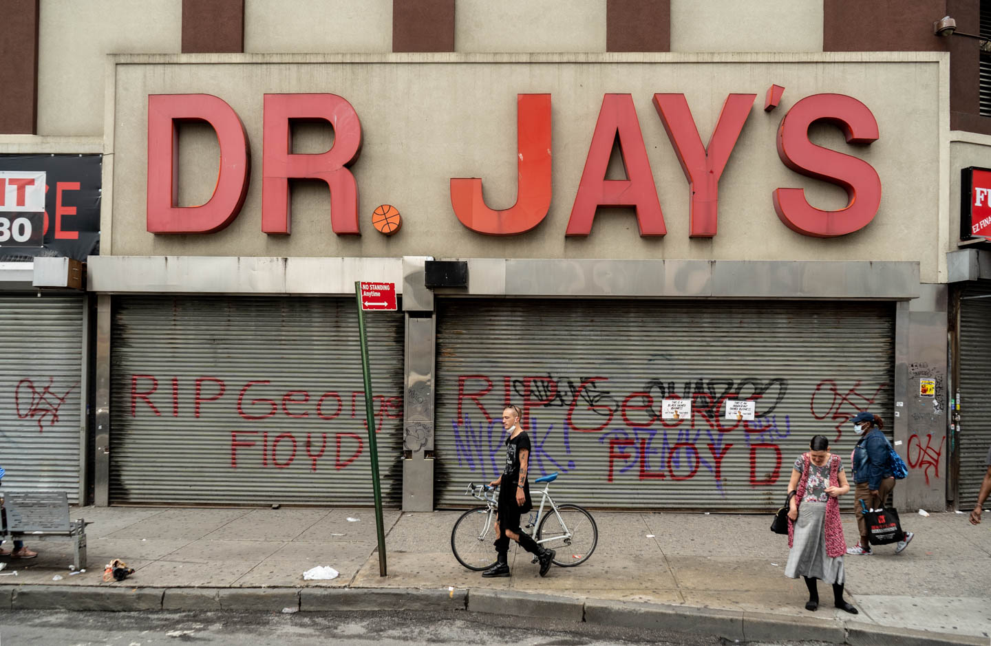 June 5, 2020: Graffiti memorializing George Floyd on closed shutters. Dr. Jay’s, 410 Westchester Avenue, Bronx, New York. © Camilo José Vergara