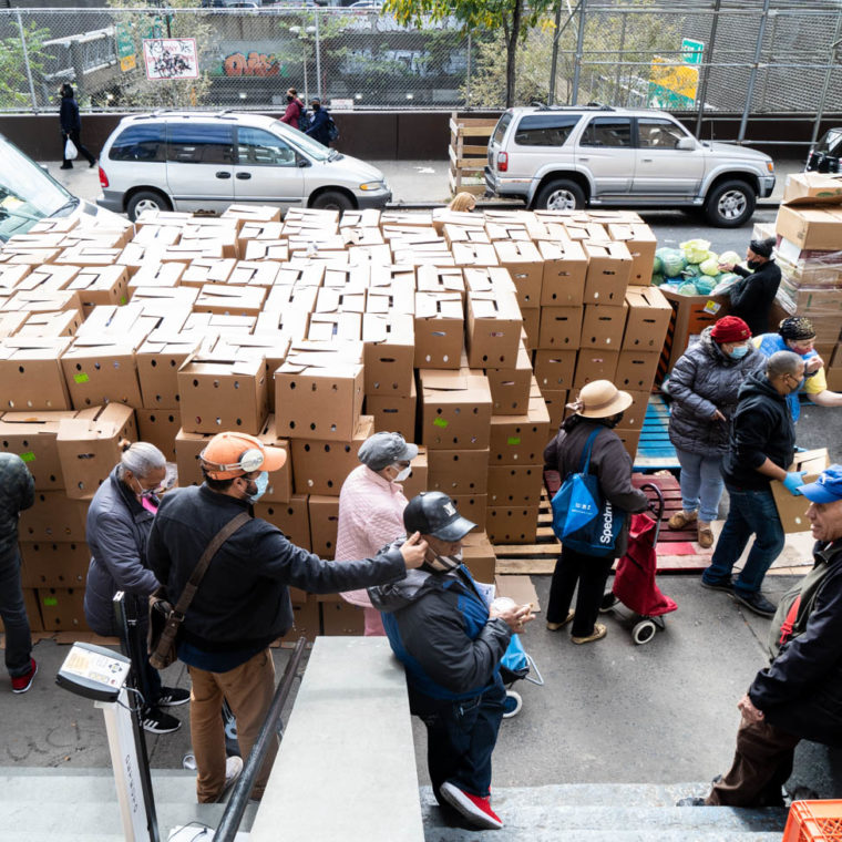 October 27, 2020: Free food distribution at the International Pentecostal Church, 617 West 179th Street, New York, New York. © Camilo José Vergara 