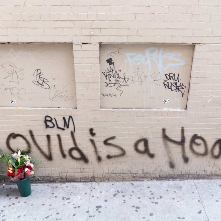 September 21, 2020: “Covid is a Hoax,” below “BLM.” Broadway at West 125th Street, Harlem, New York, New York. © Camilo José Vergara 