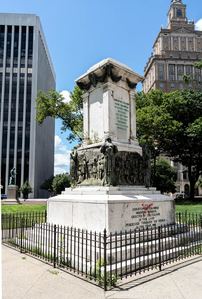 July 14, 2020: The pedestal supporting Christopher Columbus was left empty in June of 2020 when the city removed the statue. The sculpture was made in Rome in 1927. Washington Park, Newark, New Jersey. © Camilo José Vergara