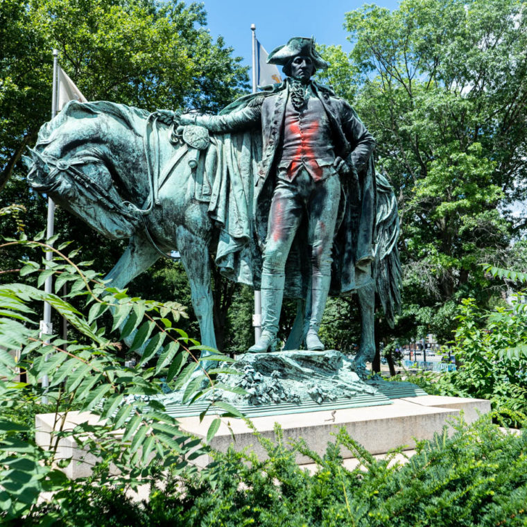 July 14, 2020: Monument to George Washington taking leave of his troops, canceled with red paint. The statue was erected in 1912 in Washington Park, Newark, New Jersey. © Camilo José Vergara 