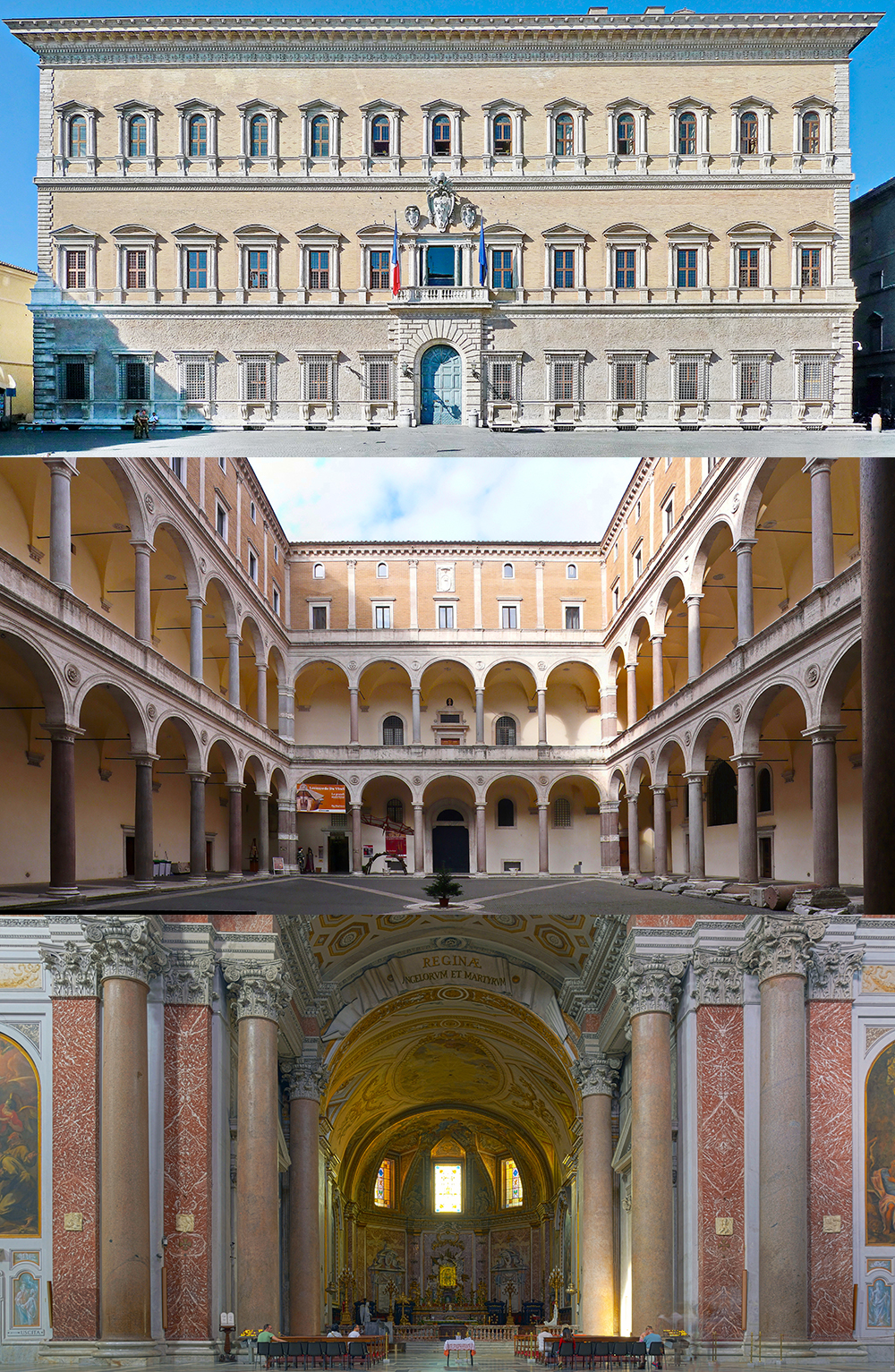Design inspirations for the Pension Building, from top: Palazzo Farnese (1589, Michelangelo); Palazzo della Cancelleria (1489–1513, architect unknown); Santa Maria degli Angeli church (16th century, Michelangelo).