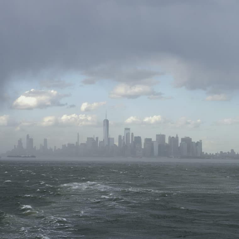 View north across New York Harbor to Lower Manhattan from The Staten Island Ferry; 2021. 