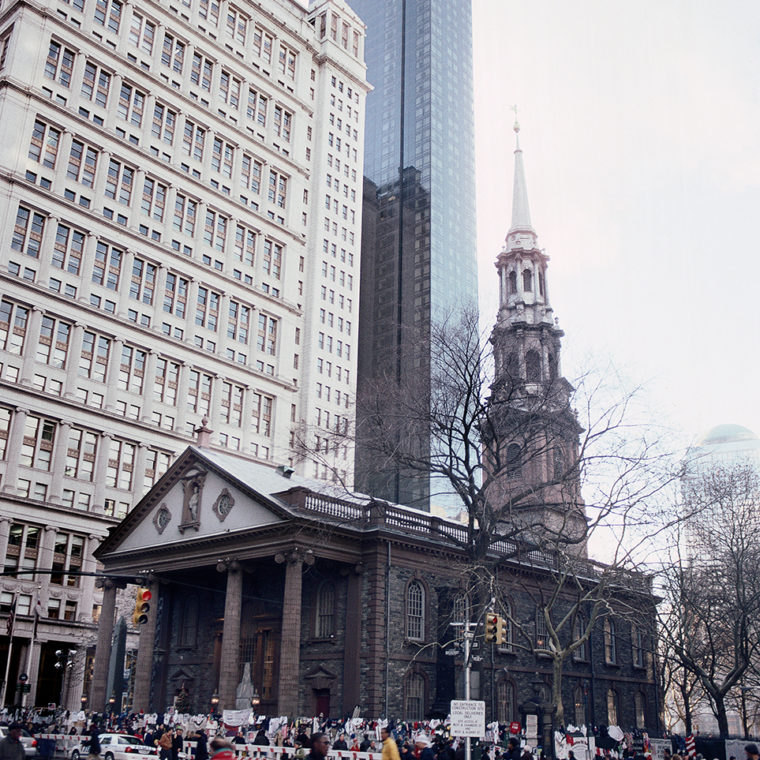 View west from St. Paul's Chapel, Broadway and Fulton Street, New York, New York; 2001. 