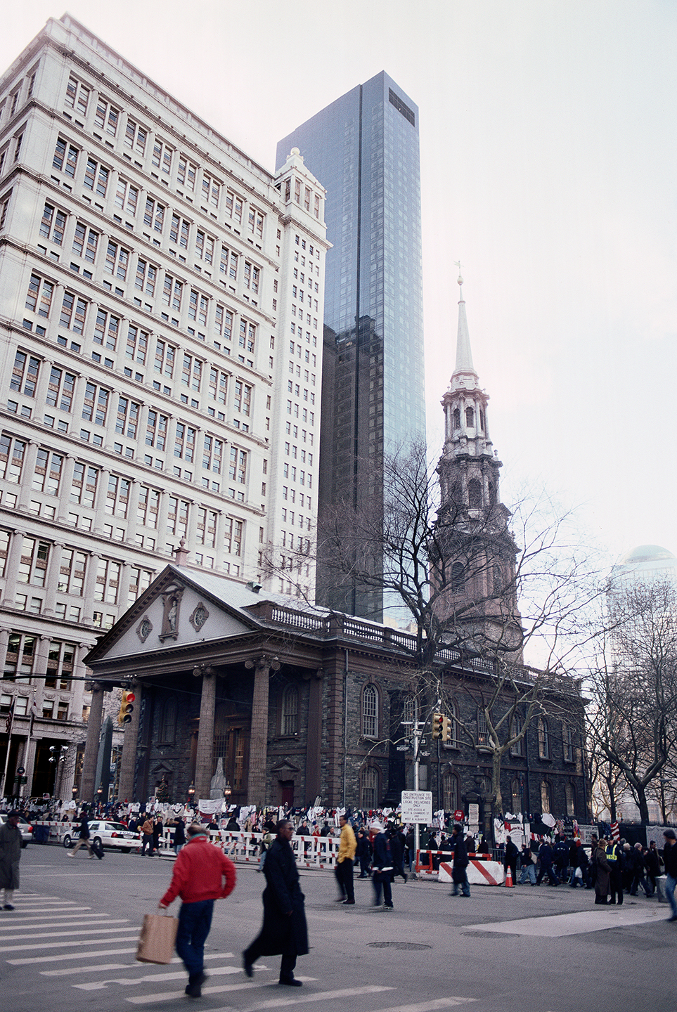 View west from St. Paul's Chapel, Broadway and Fulton Street, New York, New York; 2001.