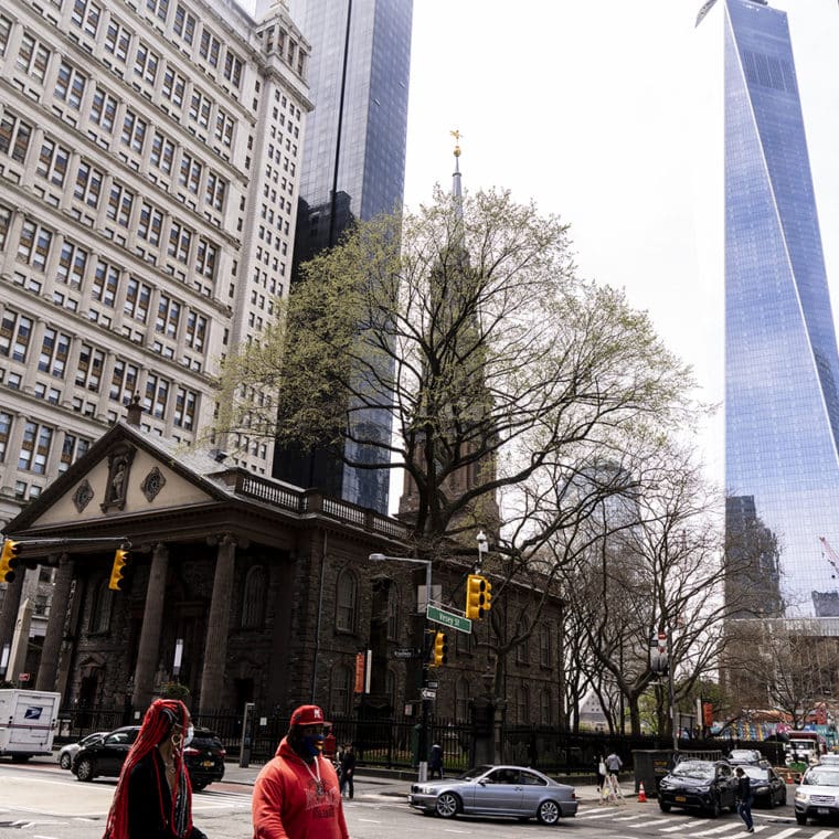 View west from St. Paul's Chapel, Broadway and Fulton Street, New York, New York; April 10, 2021. 