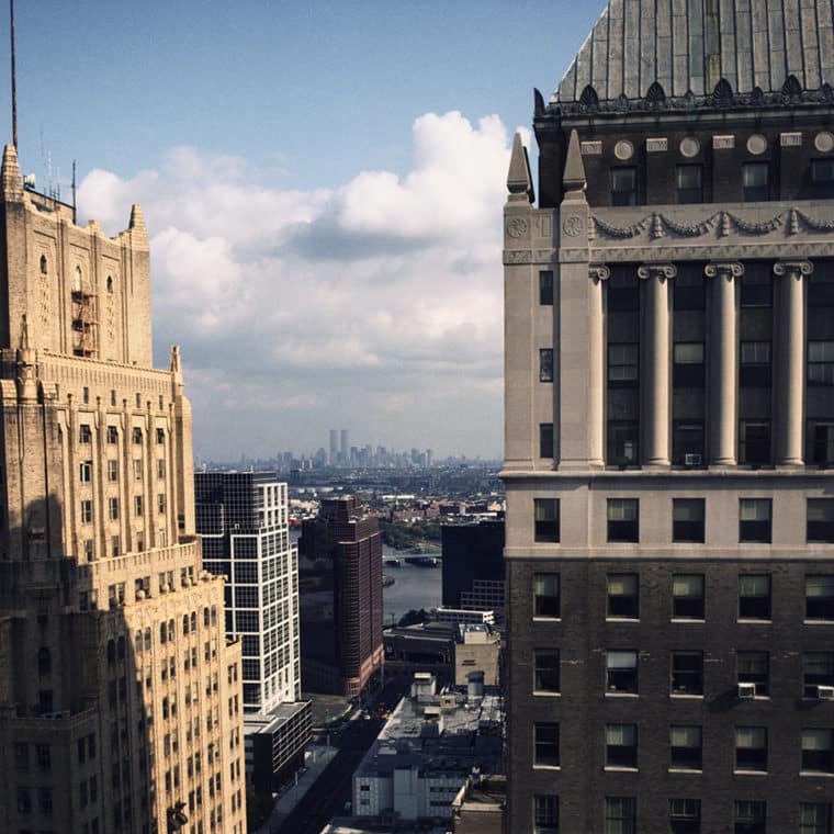 View east from downtown Newark, New Jersey (in the foreground from left to right: the Lefcourt Newark and National Newark Buildings); 1992. 