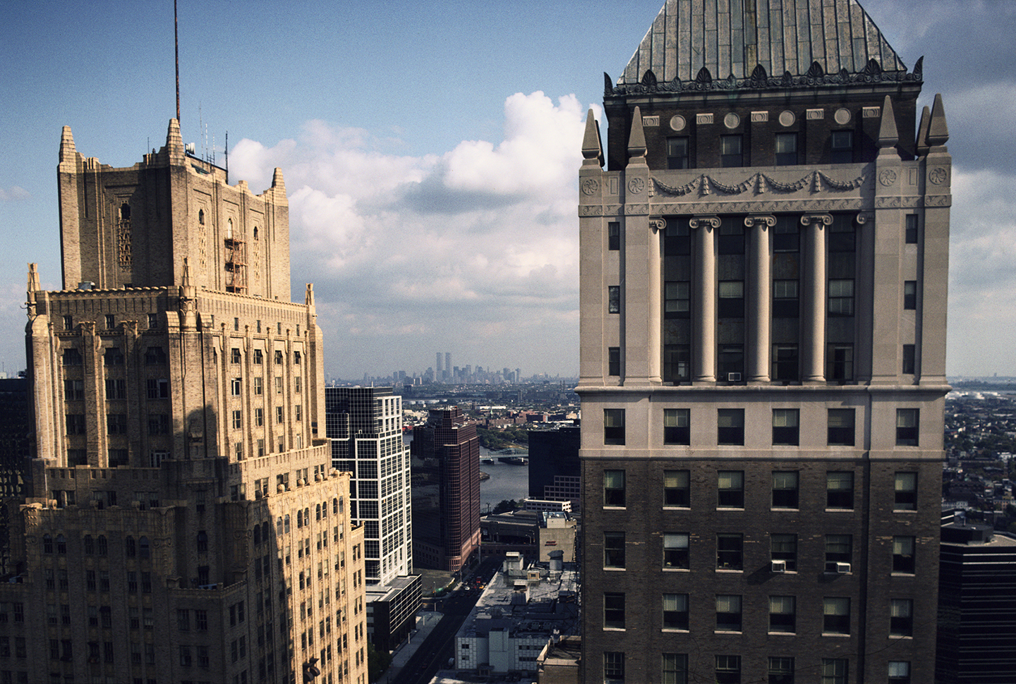 View east from downtown Newark, New Jersey (in the foreground from left to right: the Lefcourt Newark and National Newark Buildings); 1992.